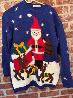 Karen Scott Royal Blue Santa & Reindeer Crewneck Sweater